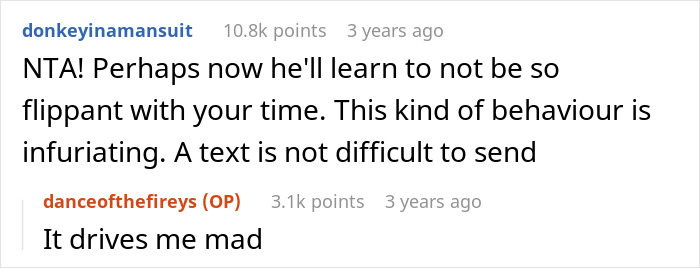 Reddit comment thread discussing frustration with a friend always being late.