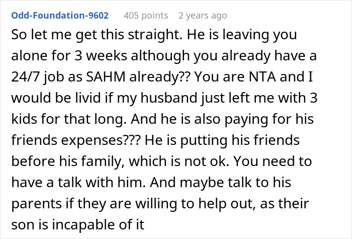 Comment discussing a husband's priorities as he vacations overseas while his wife handles Christmas planning alone.