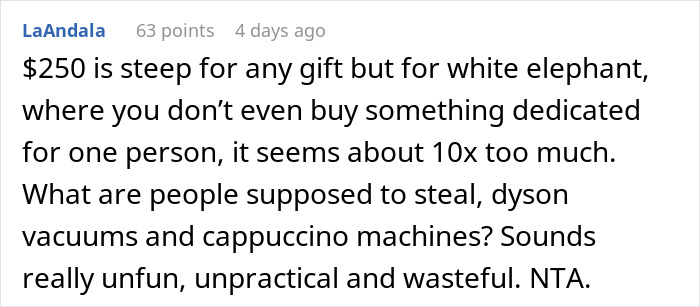 Comment discussing high cost and impracticality of white elephant gift for family Xmas party.