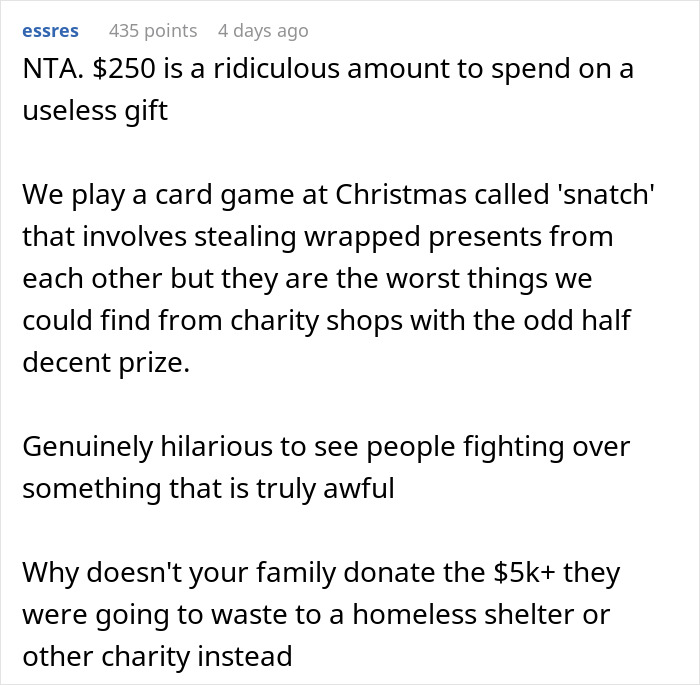 Reddit comment about high white elephant gift prices at Christmas, suggesting donations to charity instead.