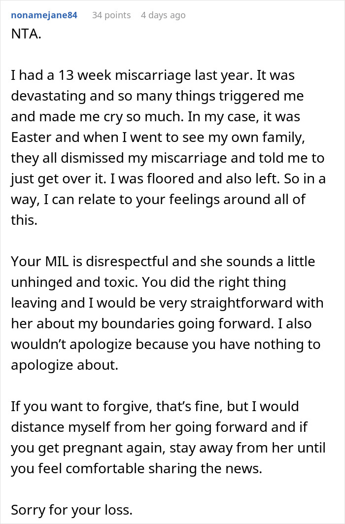 Text response about miscarriage support and boundaries with MIL.