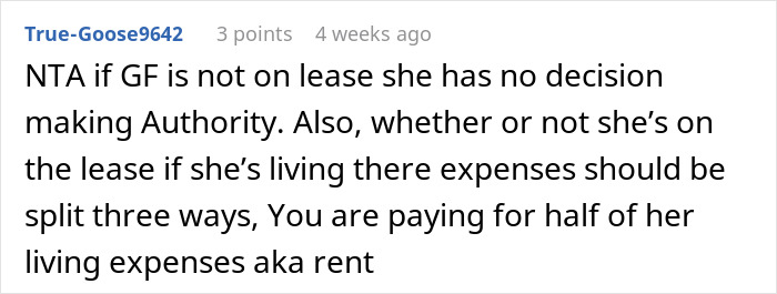 Online comment discussing an awkward living situation and suggesting rent be split three ways since the girlfriend moved in.