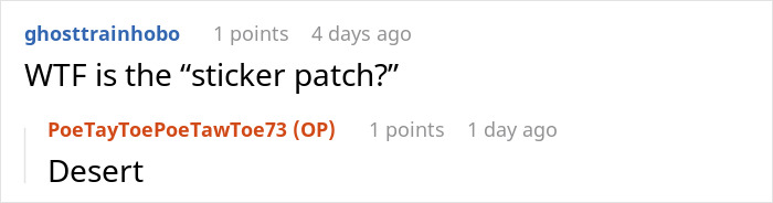 Reddit comment exchange about the meaning of "sticker patch.