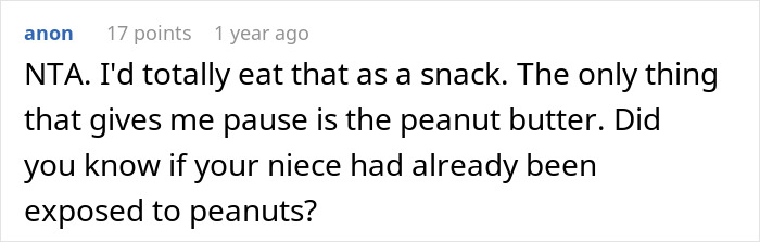 Comment discussing giving a niece a dog treat snack with peanut butter concerns.