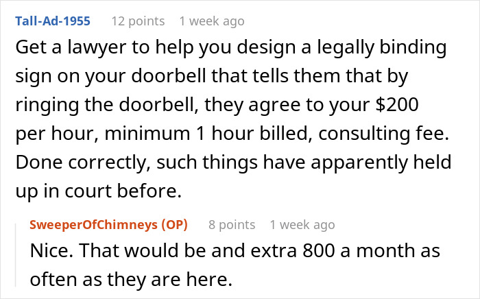 Reddit comments discussing a legally binding doorbell sign to deter persistent Mormons.