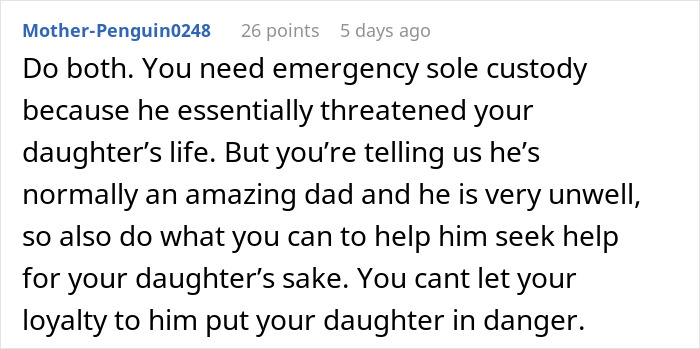 Reddit comment discussing emergency custody due to child safety concerns and helping an unwell father.