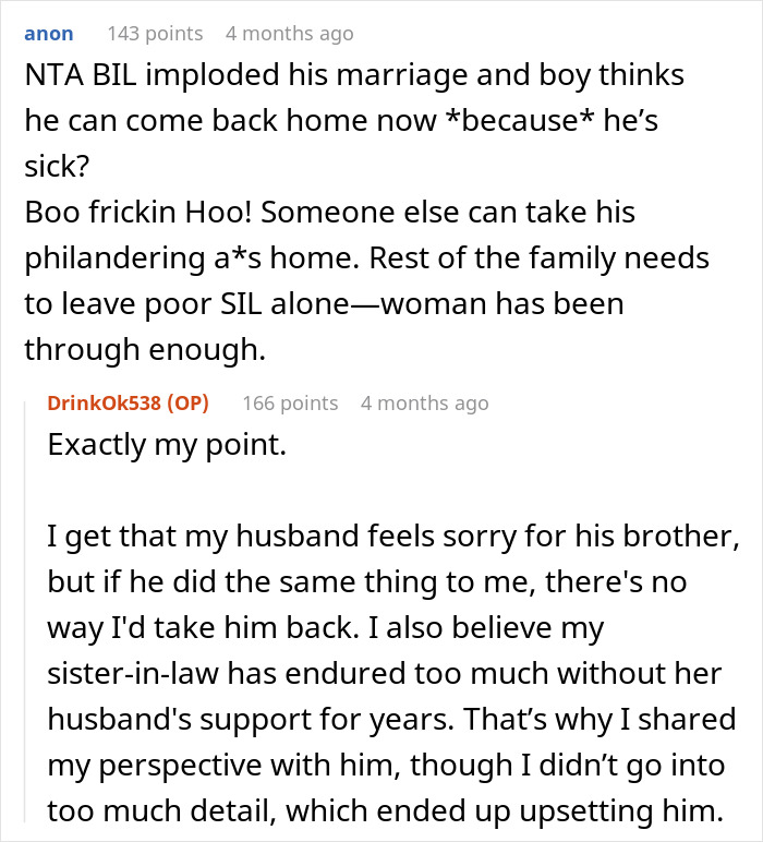 Reddit thread discussing a man abandoning his family for a mistress and facing backlash for seeking care when sick.