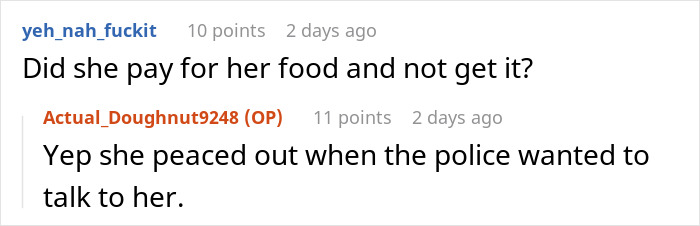 Reddit comments discussing a woman's reaction when police approached her about her unpaid food.