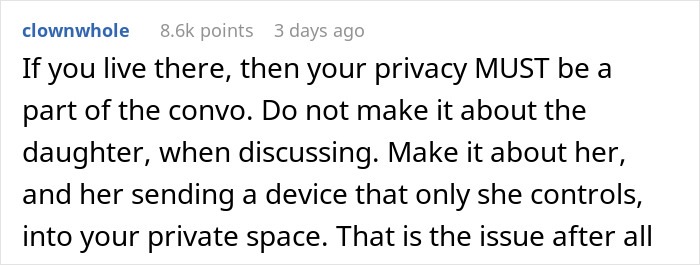 Reddit comment about privacy concerns involving a Gizmo Watch in a personal space.