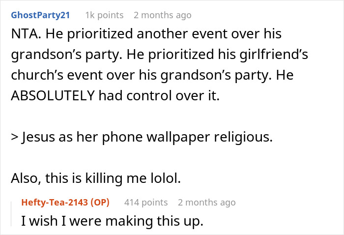 Reddit comments discussing prioritization of events over grandson's birthday party.