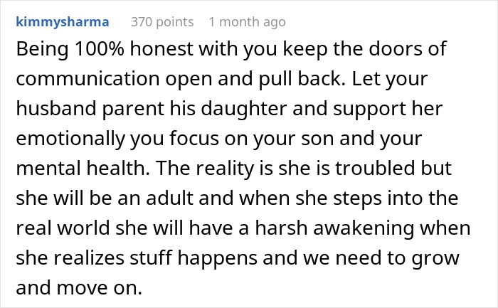 Reddit comment discussing stepdaughter’s behavior towards baby and advice on managing family relationships.