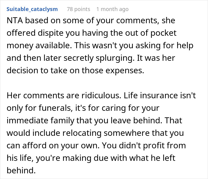 Text discussing a mother covering funeral costs, addressing life insurance and family care.