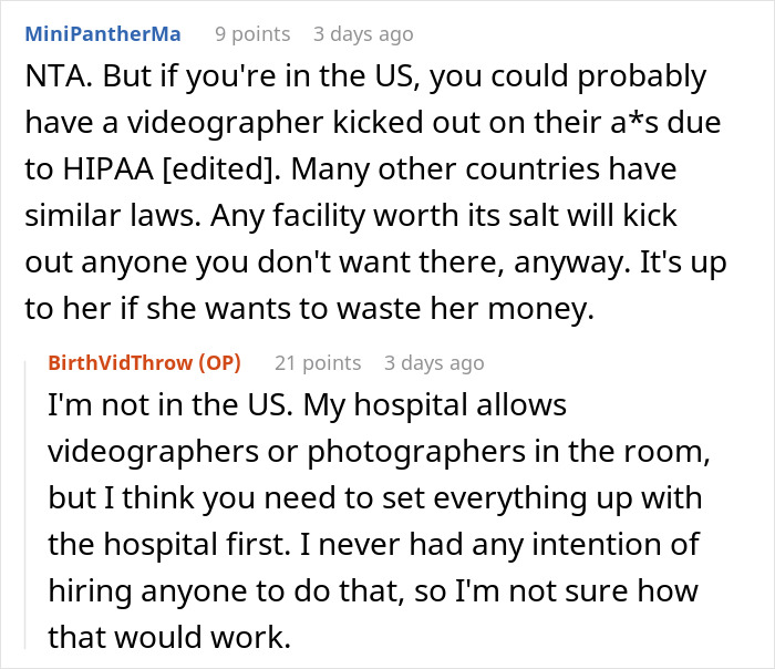 Reddit comments discussing HIPAA laws and videography in hospitals, related to a conversation with a father’s girlfriend.