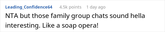 Screenshot of a Reddit comment about family group chats likened to a soap opera, mentioning family events.