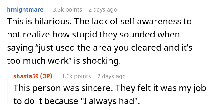 Reddit users discuss neighbors never thanking a man for shoveling snow; they threaten to sue when he stops.