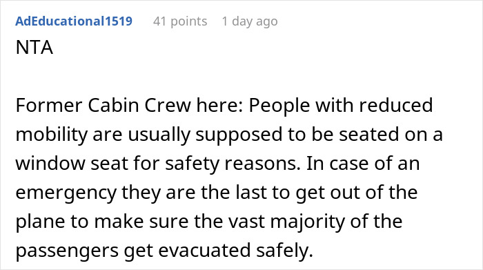 Reddit comment explaining seat arrangements for passengers with mobility issues on flights.