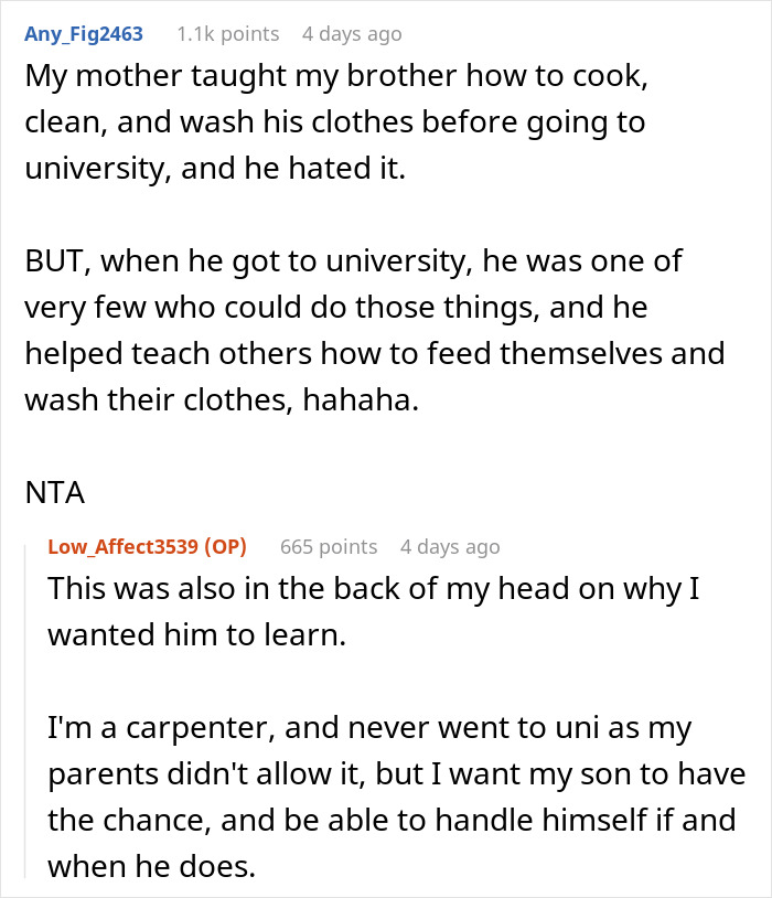 Reddit conversation about teaching men chores, emphasizing life skills importance.