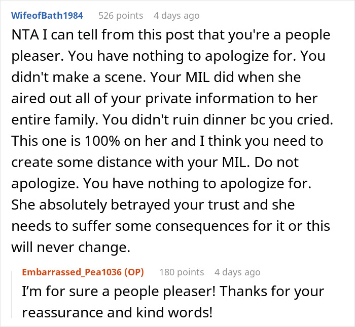 Reddit post discussion on MIL revealing miscarriages during Thanksgiving.