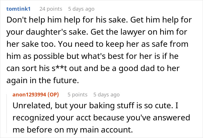 Reddit comments discussing a dad who can't handle baby, with advice on legal help and parenting.