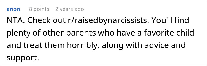 Reddit comment advising on narcissistic parents in response to refusing babysitting.