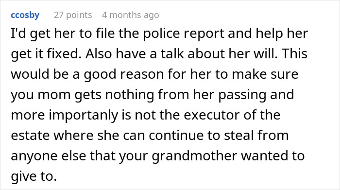 Reddit comment discussing grandma's discovery of fraud involving $20,000 debt by her daughter.