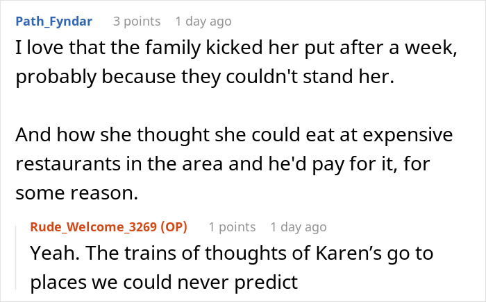 Text exchange discussing Karen parking in driveways without permission, highlighting unexpected thoughts and actions.