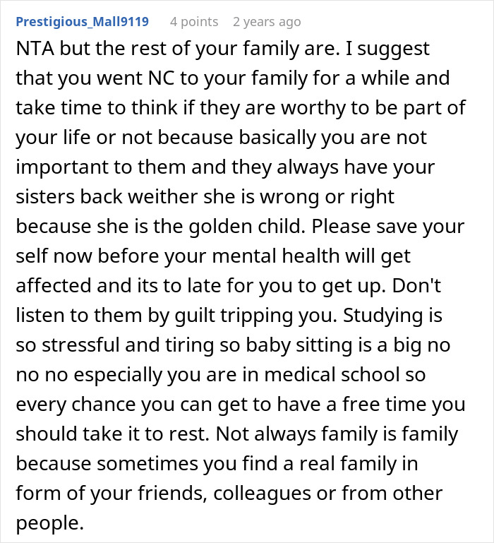 Online comment discussing refusal to babysit sister's kids due to stress and family dynamics.