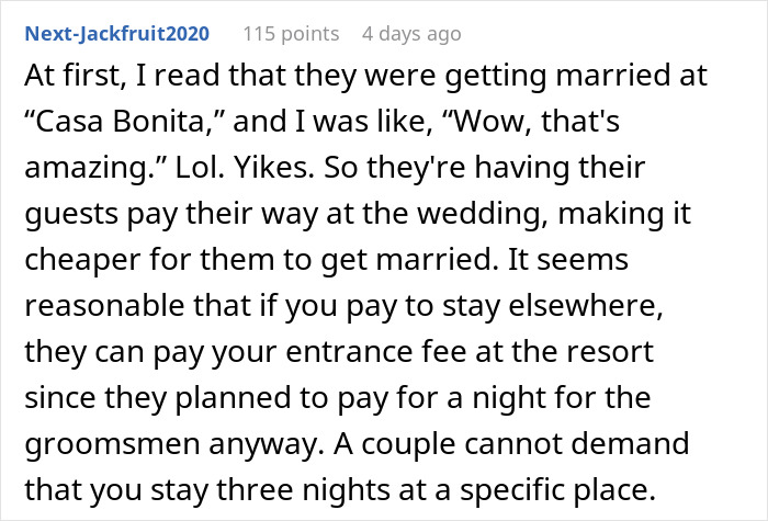 Text from Reddit about groomsman unable to afford destination wedding costs at "Casa Bonita.