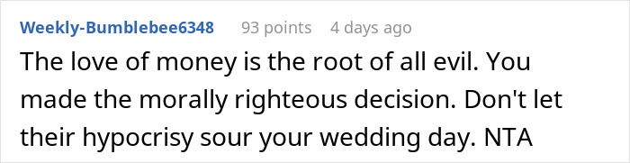 Reddit comment discussing a moral decision about a wedding date bribe attempt.