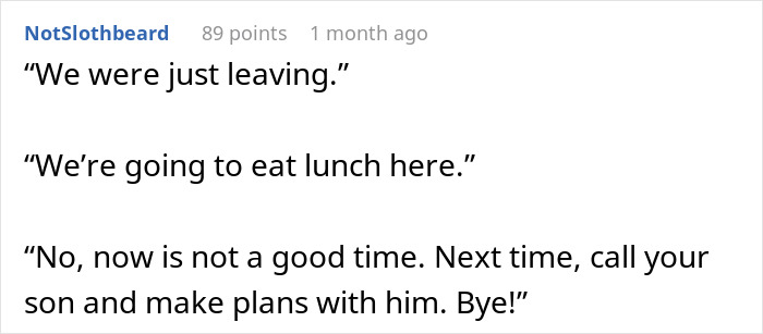 Text conversation about unexpected visit from family, discussing lunch plans and boundaries, featuring responses to a stranger.