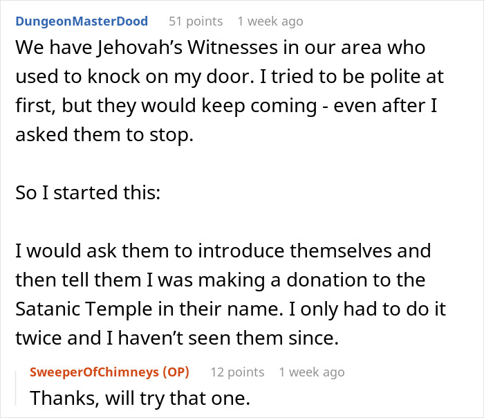 Text conversation about persistent door-knocking Mormons and a humorous response involving a donation to a temple.