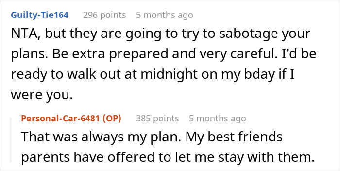 Reddit conversation about eldest kid planning to move out at 18 while parents react.