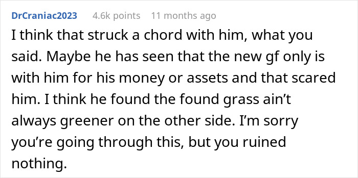 Comment about ex-husband’s regret over leaving 17-year marriage after ex-wife’s remark.