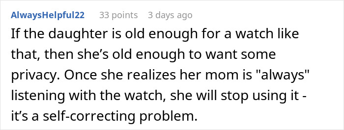 Comment discussing privacy concerns regarding a woman using a Gizmo Watch to spy on her ex-husband.