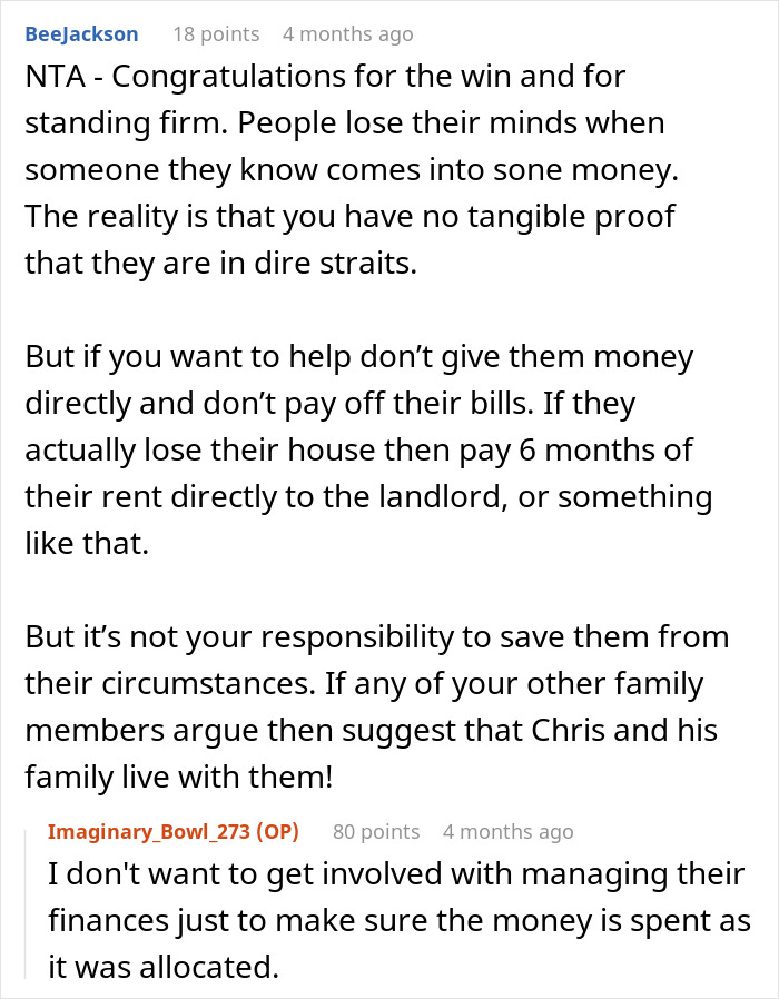 Reddit conversation about managing brother's finances and debt responsibly.