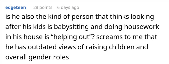 Reddit comment discussing outdated gender roles and a dad babysitting, questioning societal norms.