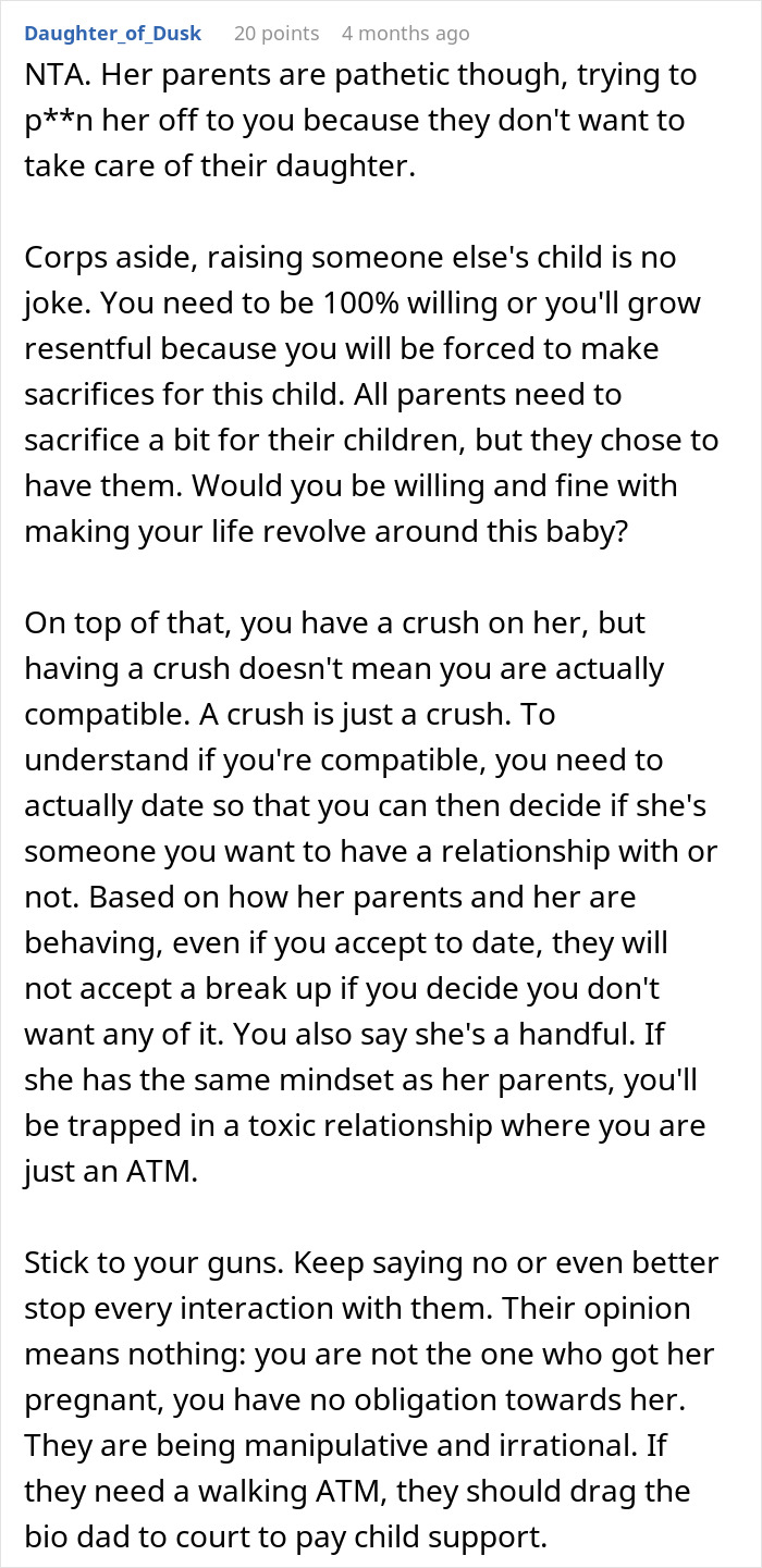 Text from an online forum discussing a teen refusing to raise a non-biological baby.