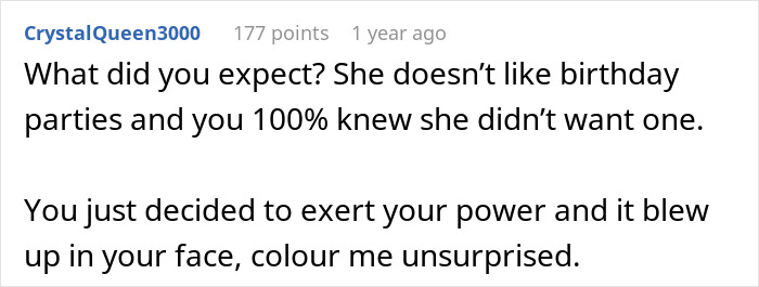 Comment criticizing a woman's decision for throwing a $10K party for her stepdaughter who dislikes parties.