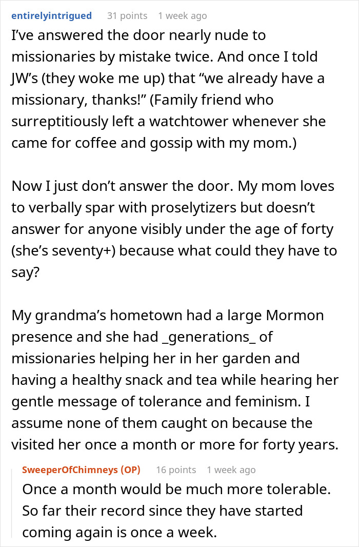 Text exchange about persistent Mormons, discussing anecdotes with missionaries and visits to grandma's town.