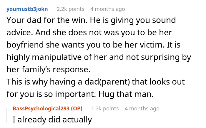 Reddit comment supporting teen who refuses to raise a baby that's not his, praising dad's advice.