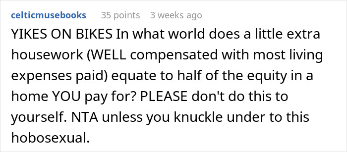 Text comment discussing fairness in a partner housework exchange and home equity distribution.