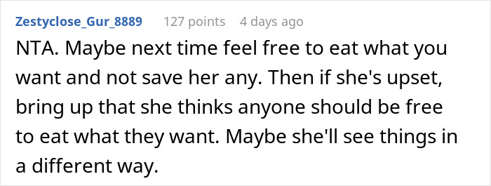 Text of a Reddit comment discussing a situation about a fruit-obsessed wife and sharing food.