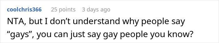 A Reddit comment discussing assumptions and language about gay people.