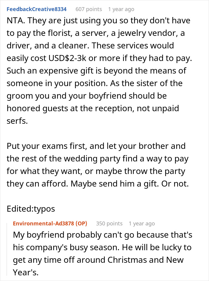 Reddit comment discussing the audacity of a family dumping wedding chores on a woman, including unpaid services.