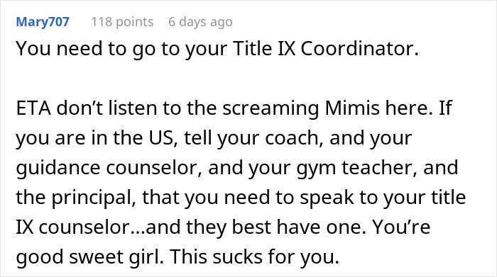 Reddit comment discussing Title IX Coordinator advice for a teen uncomfortable with a coach's instructions.