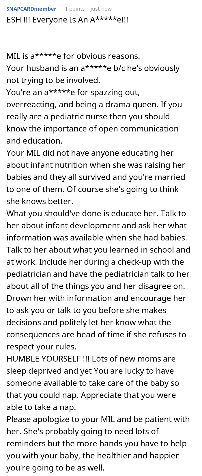 Text response about MIL conflict and baby care advice.