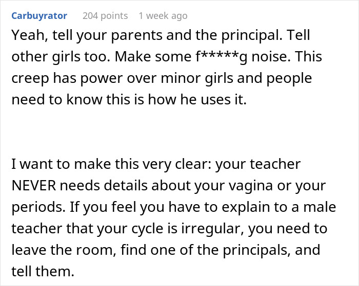 Text discussing inappropriate teacher behavior related to periods.