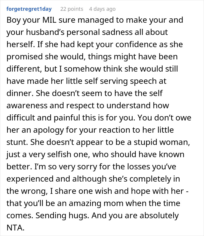 Reddit comment discussing MIL's behavior and responses to personal disclosure about miscarriages.