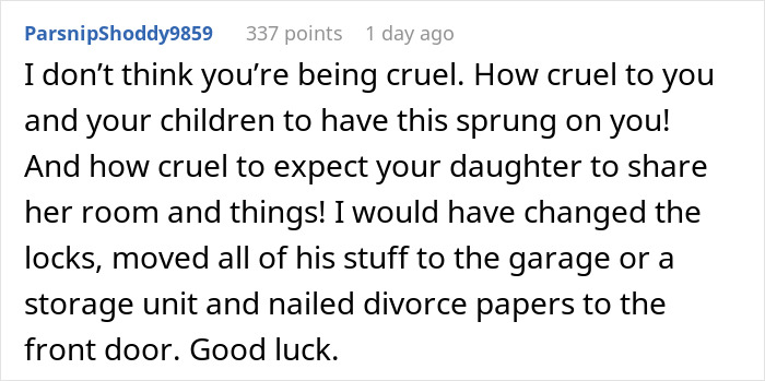 A comment supporting a mom's refusal to accommodate her husband's affair baby, discussing perceived cruelty.