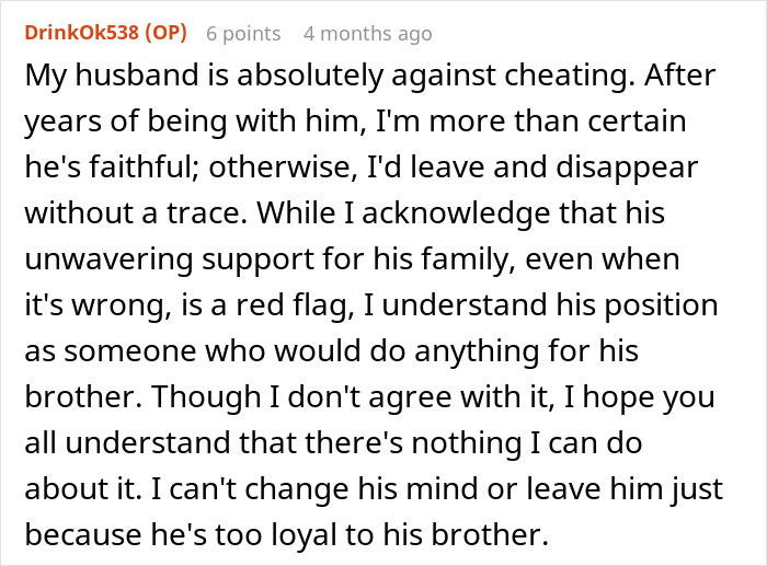 Husband loyal to family, wife's concern on cheating, and support issues.